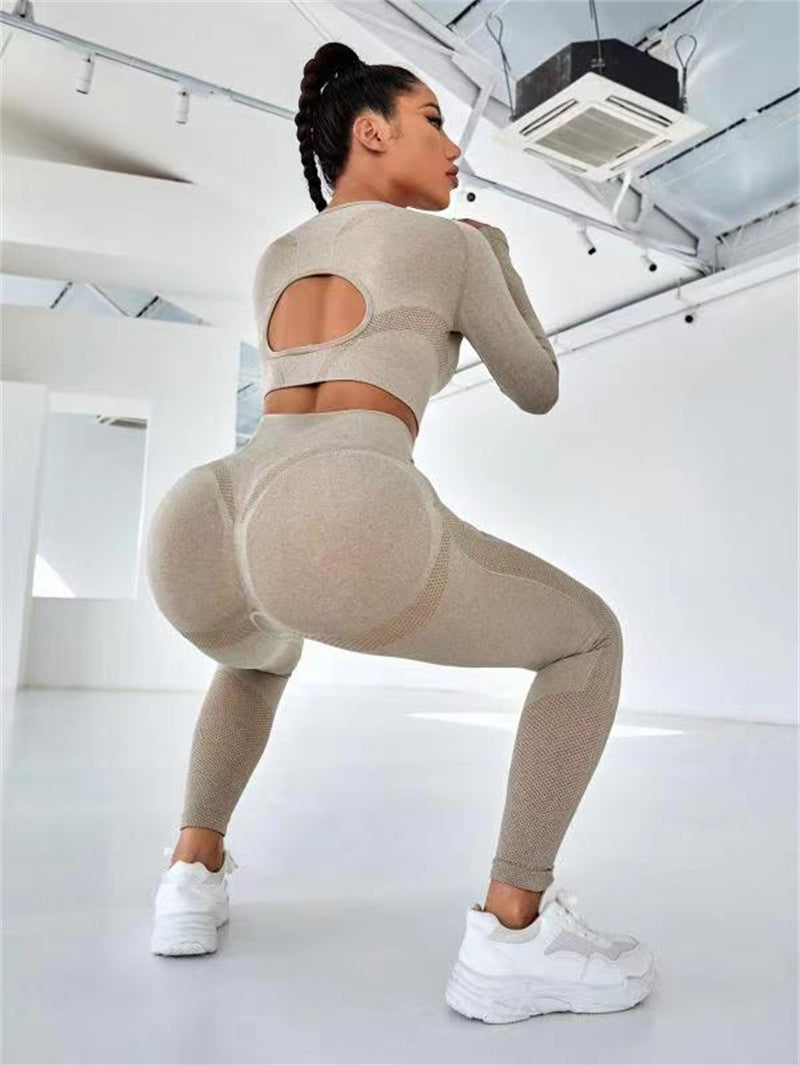 2Pcs Sports Suits Long Sleeve Hollow Design Tops and Butt Lifting High Waist Seamless Fitness Leggings Sports Gym Sportswear Outfits Clothing